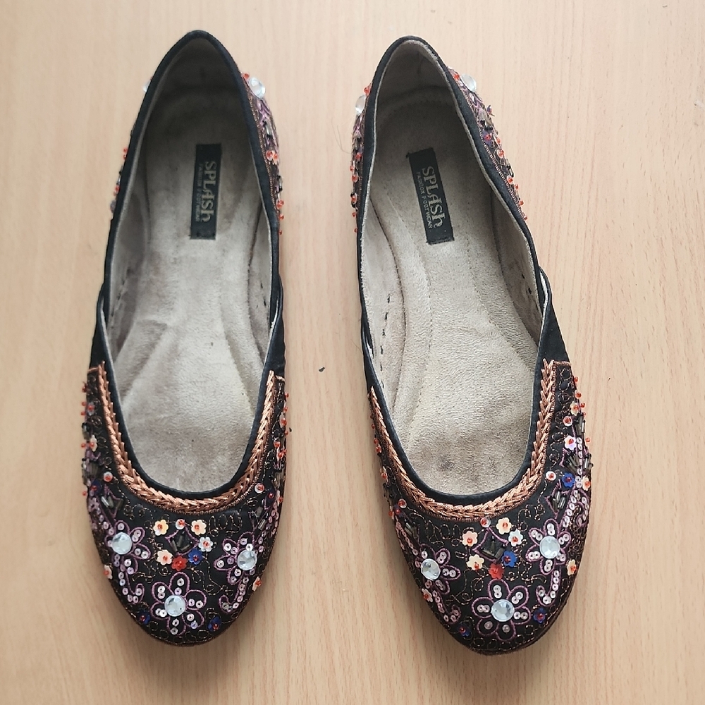 Splash Black Floral Embroidered Flats